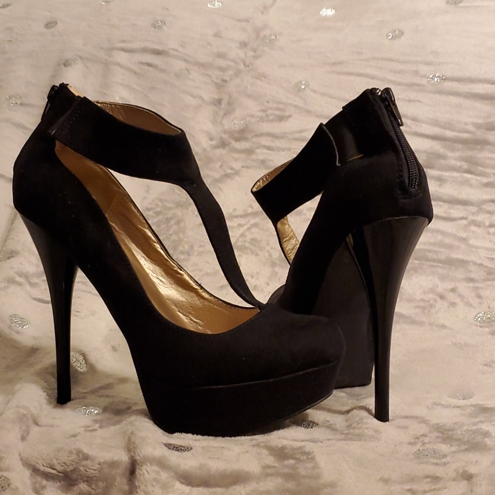 Black Suede Stilettos with Strap
